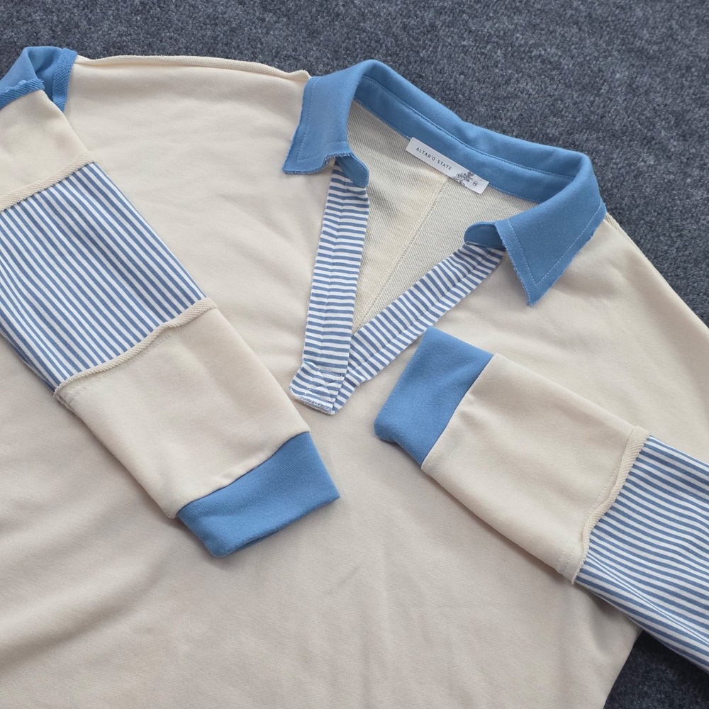 Altar'd State Polo Sweatshirt  Patchwork‎ Size M Cream Blue Women - Picture 3 of 9